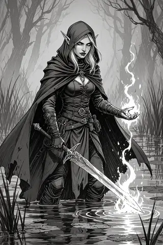 Mysterious female elf rogue using magic in a cloak