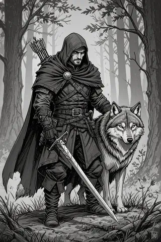 Human ranger with a wolf in a medieval setting