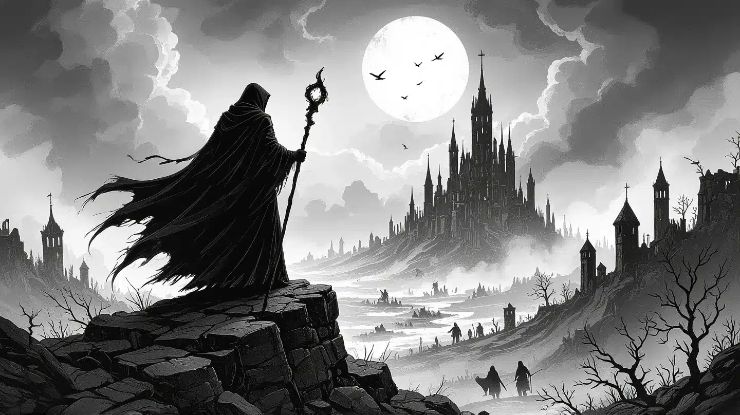 Battlefield scattered with crowns, swords, and flames fantasy