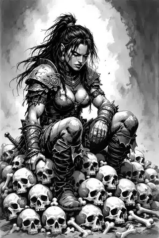 Female barbarian sitting on a pile of skulls and bones