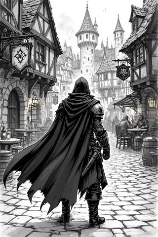 A mysterious adventurer with a cape in front of a tavern