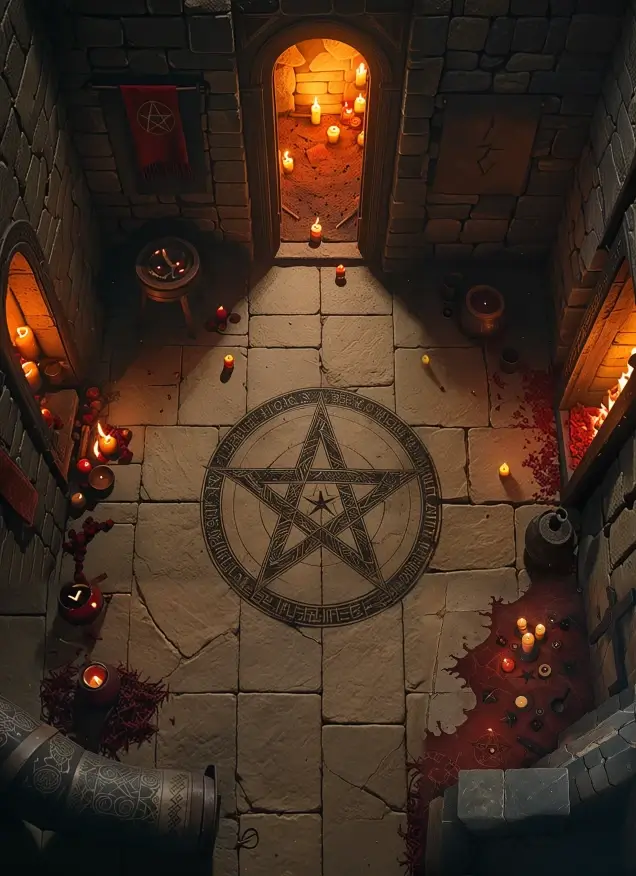 Dungeon room interior showing a ritual chamber with a pentagram on the floor
