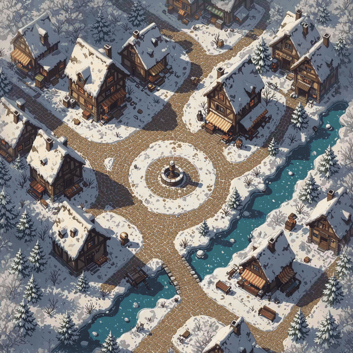 Animated preview of high-resolution D&D town maps and fantasy village battlemaps for VTTs