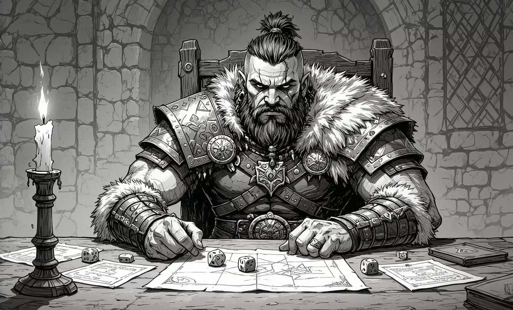 Wise adventurer planning tactics on a battle field