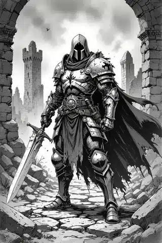 Paladin warrior exploring eerie ruins fantasy tabletop roleplaying