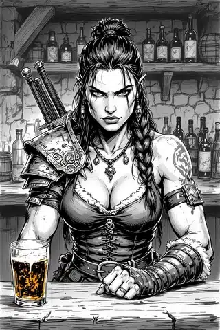 Female barbarian tavern keeper behind the bar fantasy