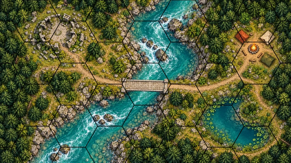 Actual Map Gridder export: forest river map with a black hexagonal grid across the bridge and camp