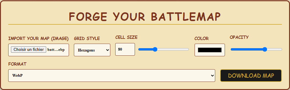 Browser interface of the Map Gridder tool showing file upload, hex grid style selection, cell size set to 80, and export controls