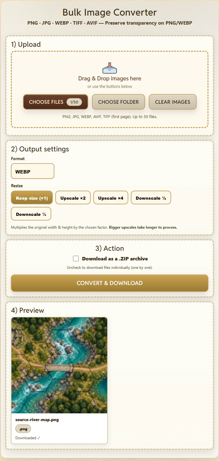 Actual Image Converter worktable with uploaded river map, WebP format and Keep size selected