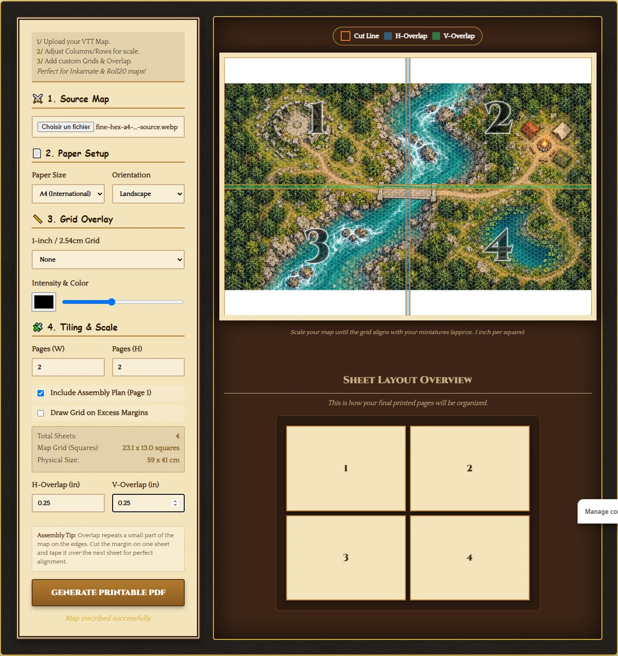 Real Map Printer showing smaller pre-existing hexes, A4 landscape, four map sheets and Grid Overlay None