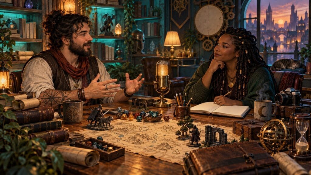 Illustration éditoriale : illustration conceptuelle de la préparation d’un personnage de jeu de rôle sur table