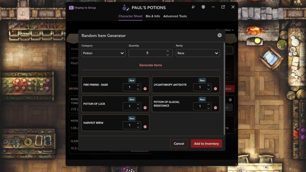 Roll20 shop character sheet preview