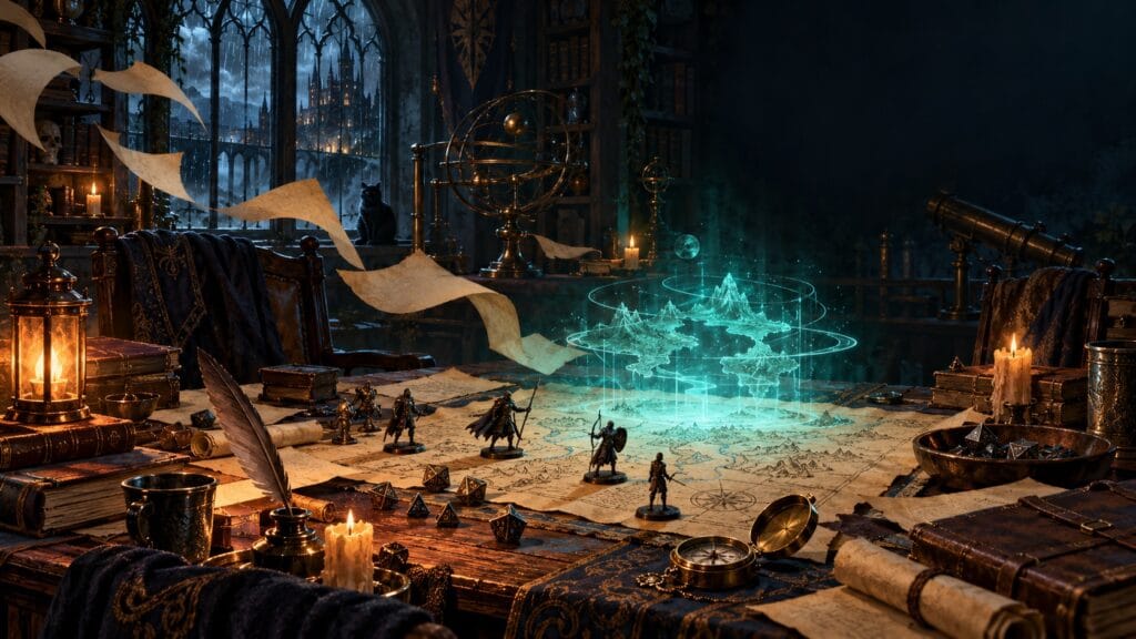Illustration éditoriale : illustration conceptuelle de la préparation d’un personnage de jeu de rôle sur table