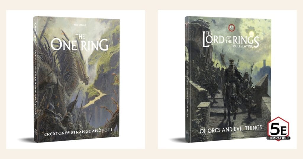 Creatures Strange and Foul bestiary cover for The One Ring; Of Orcs and Evil Things bestiary cover for The Lord of the Rings Roleplaying