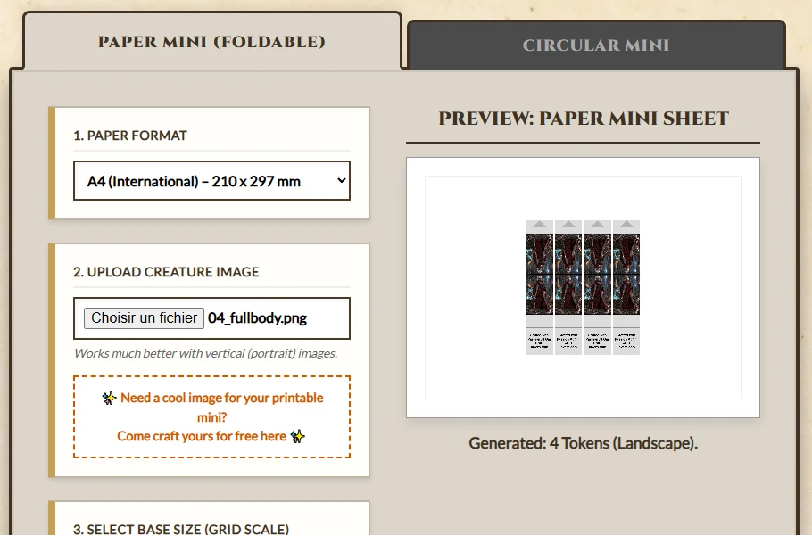 Paper Mini Maker en conditions réelles, avec une illustration de personnage importée, le format A4 sélectionné et quatre figurines pliables visibles dans l’aperçu