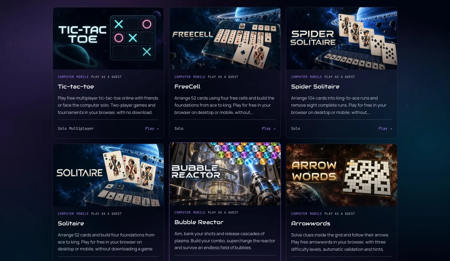 Zlobby’s free browser games: tic-tac-toe, FreeCell, Spider Solitaire, Solitaire, Bubble Reactor and Arrowwords.