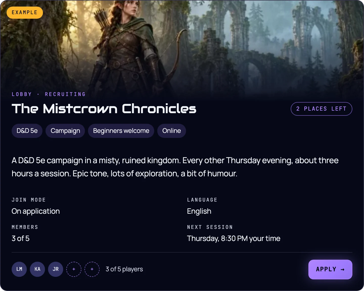 Example of a Zlobby lobby for a D&D 5e campaign, The Mistcrown Chronicles: tags, a short description, join mode on application, English, 3 of 5 members and the next session shown in each player’s time zone.