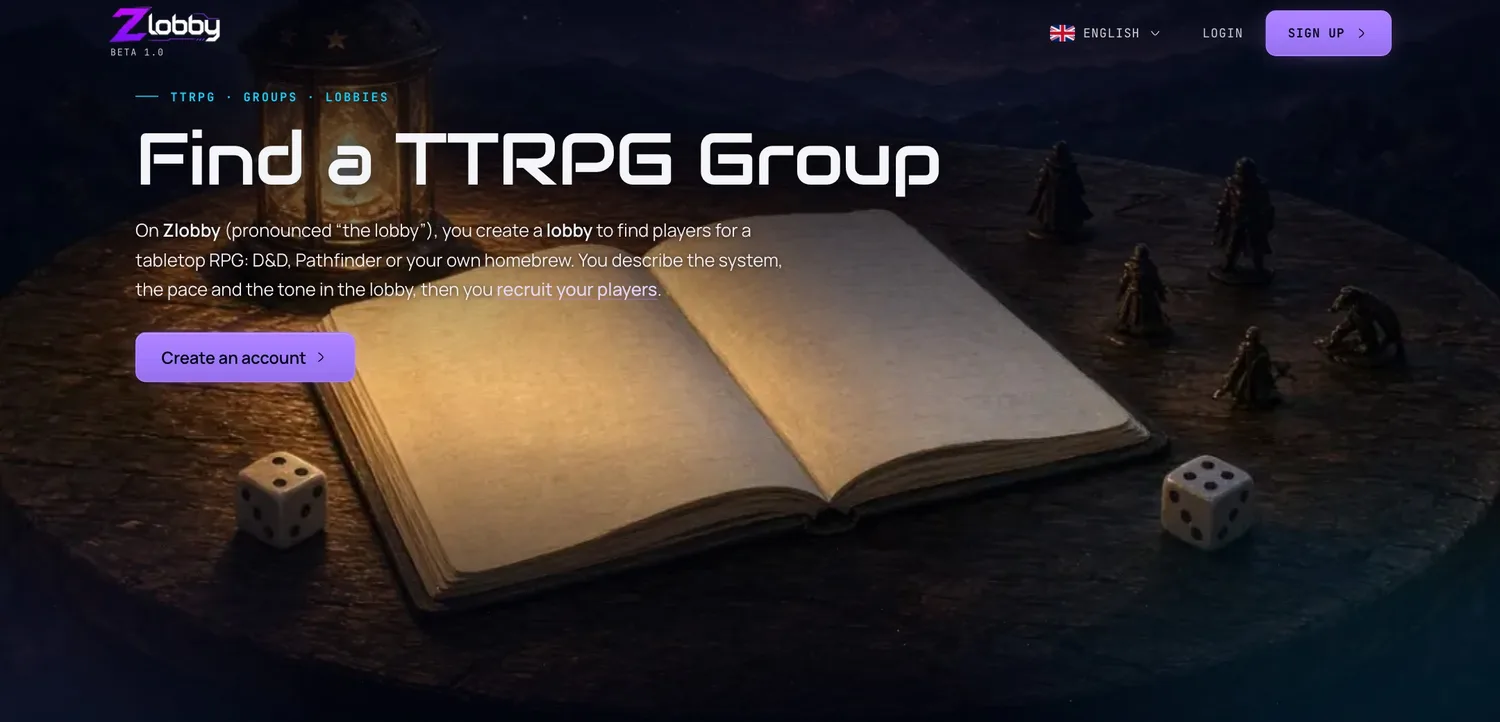 The Find a TTRPG Group page on Zlobby: create a lobby to find players for a tabletop RPG, whether D&D, Pathfinder or your own homebrew.