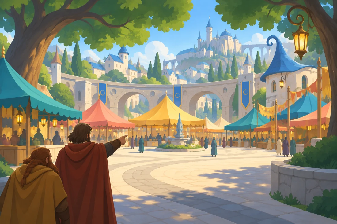 Des aventuriers découvrent un marché fantastique animé