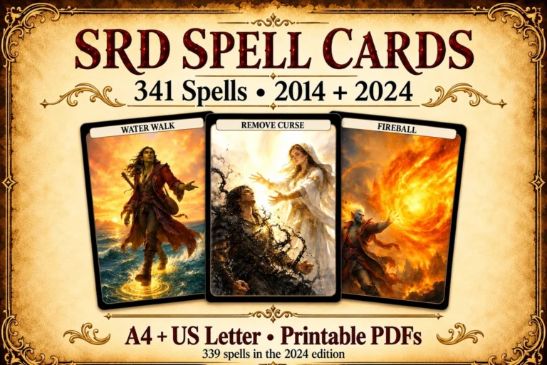 Aperçu des cartes de sorts DnD à imprimer